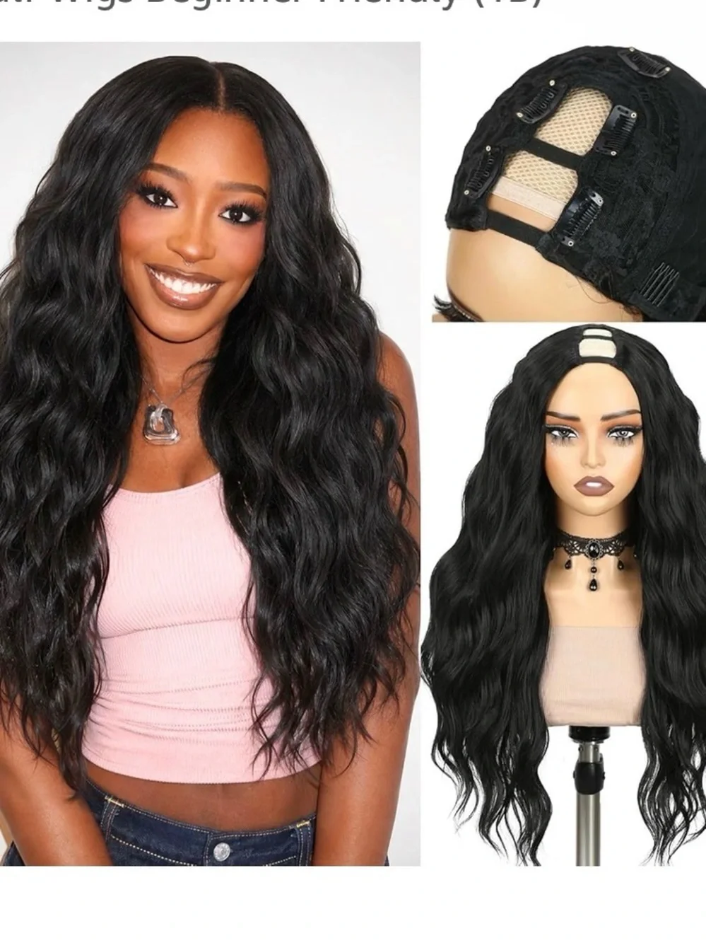 U Part Long Wavy Wig For Black Women Long Body Wavy V Part Wigs 24 Inches Black